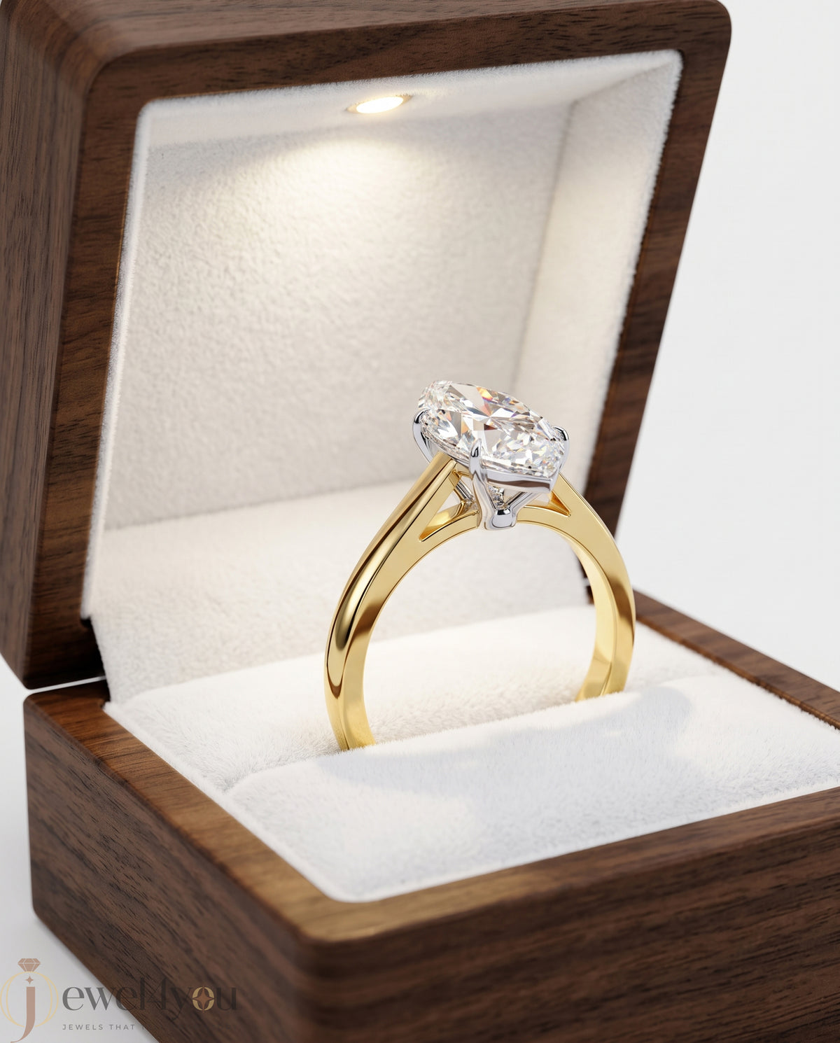 Marquise diamond cathedral solitaire engagement ring in yellow gold with white prongs #YELLOW GOLD