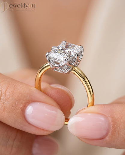 Yellow Gold band with White Gold X-gallery radiant-cut lab-grown diamond ring featuring hidden round side diamonds #YELLOW GOLD