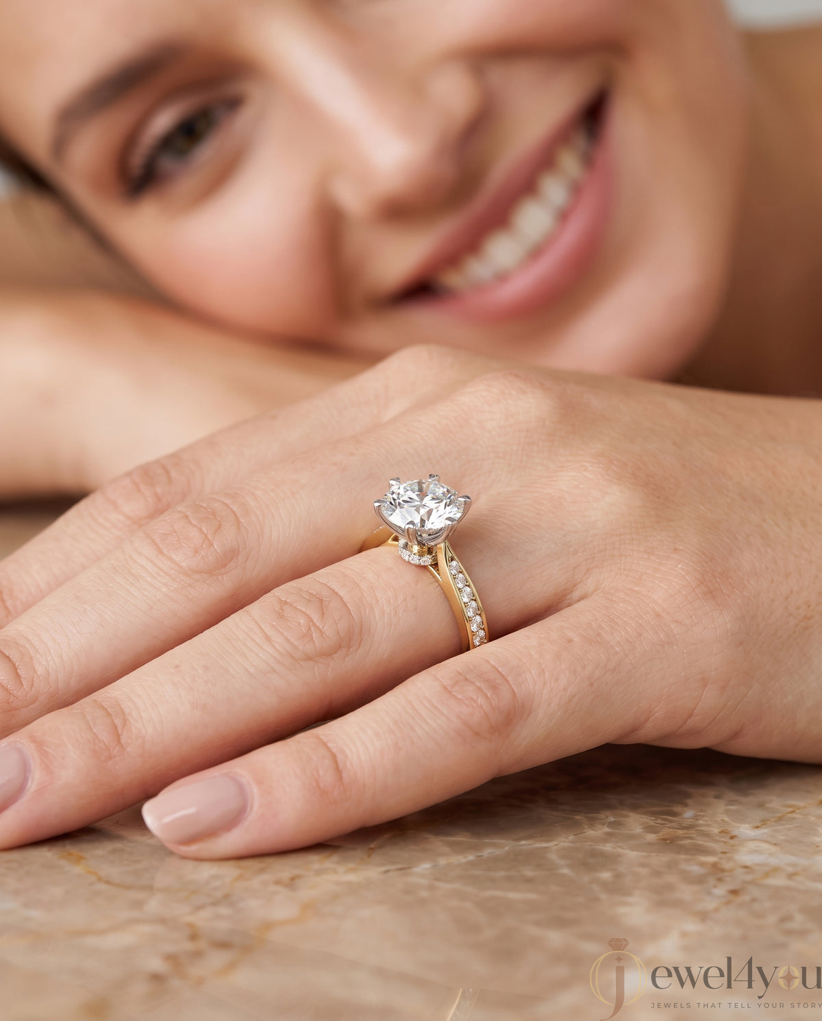 Yellow-gold pave shoulder engagement ring with round solitaire and hidden bridge diamonds #YELLOW GOLD