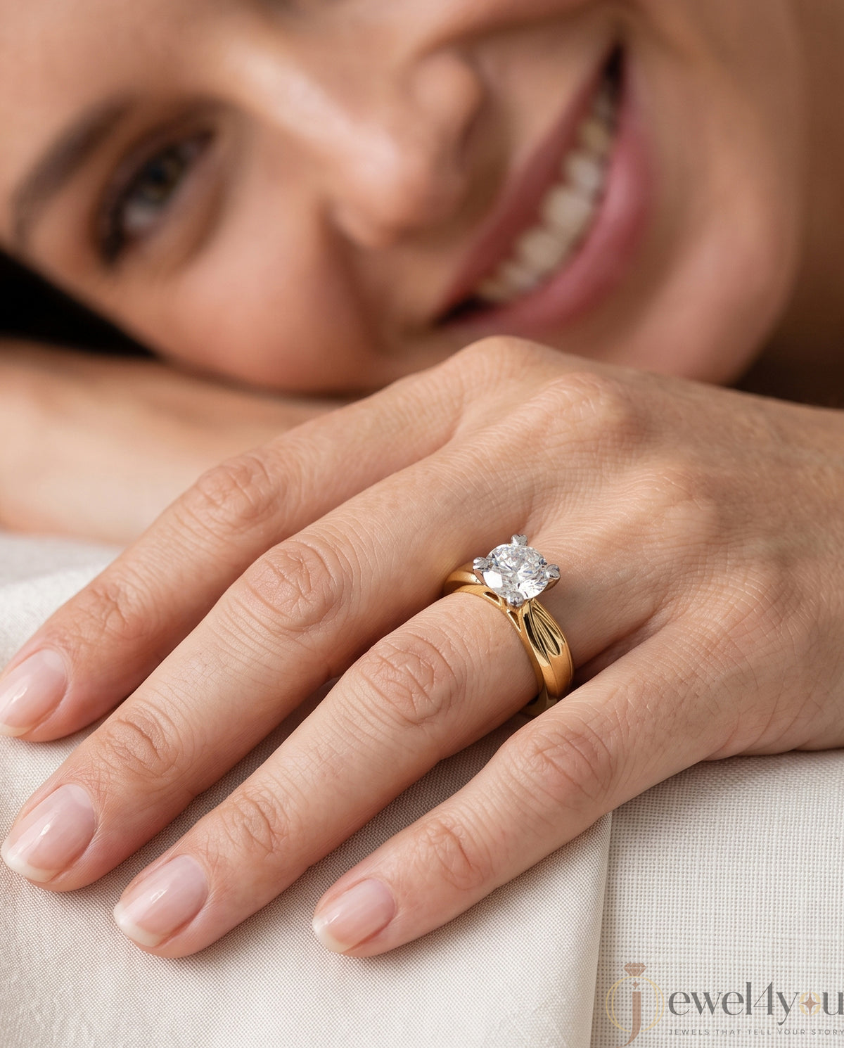 Yellow Gold engagement lab-grown ring with round solitaire and White Gold heart-prong setting, VVS clarity D–F color diamond #YELLOW GOLD
