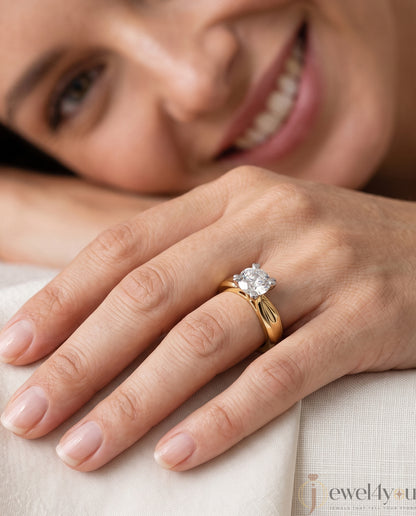 Yellow Gold engagement lab-grown ring with round solitaire and White Gold heart-prong setting, VVS clarity D–F color diamond #YELLOW GOLD