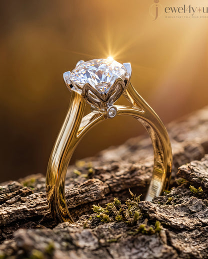 Round solitaire engagement ring with 6-prong white head and yellow-tone polished band #YELLOW GOLD