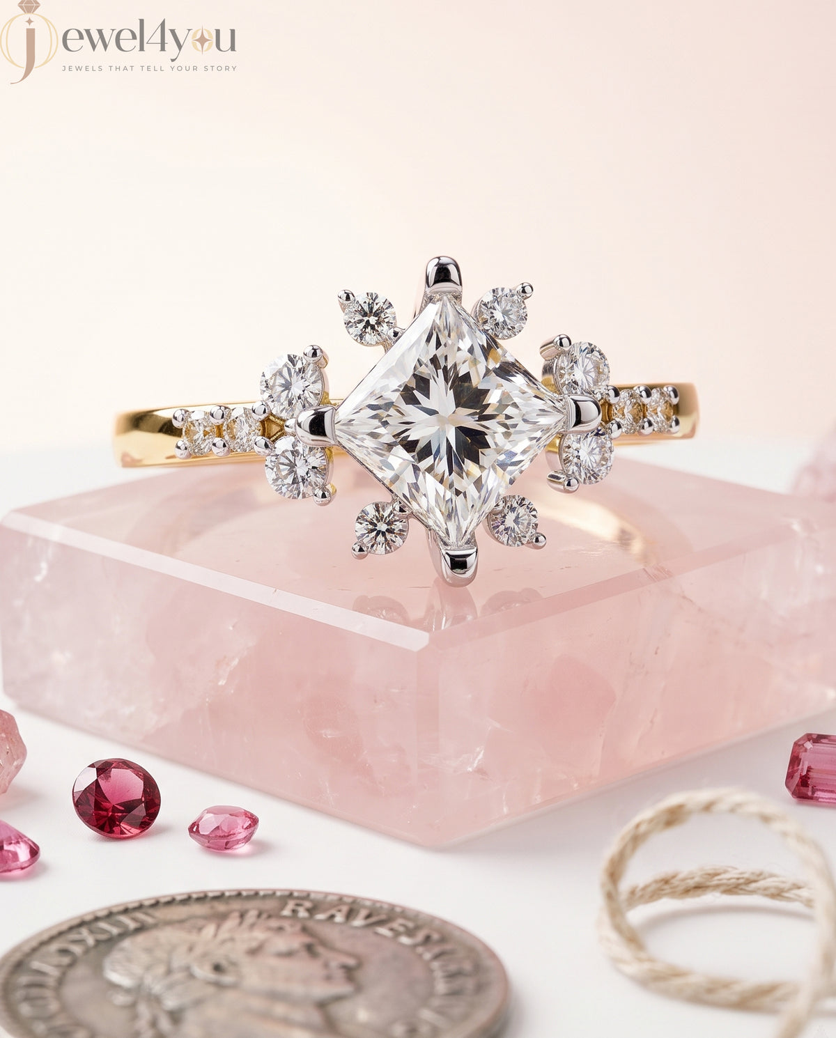 PRINCESS CUT LAB DIAMOND ENGAGEMENT RING WITH VINTAGE CLUSTER SETTING AND ACCENT DIAMONDS IN YELLOW GOLD ##YELLOW GOLD