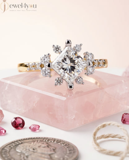PRINCESS CUT LAB DIAMOND ENGAGEMENT RING WITH VINTAGE CLUSTER SETTING AND ACCENT DIAMONDS IN YELLOW GOLD 