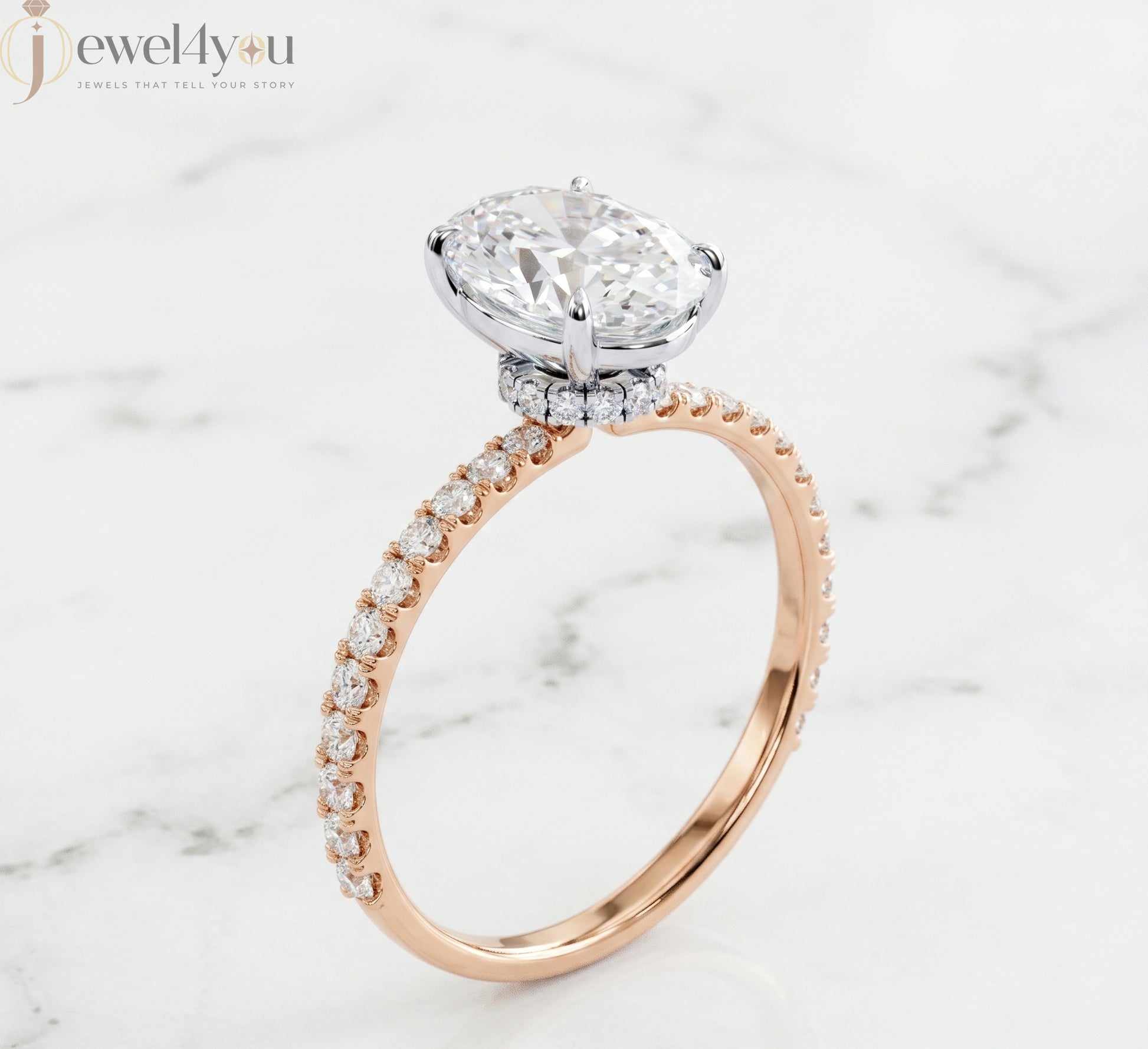 OVAL-CUT LAB-GROWN DIAMOND RING WITH ROUND-ACCENT BAND IN ROSE GOLD 