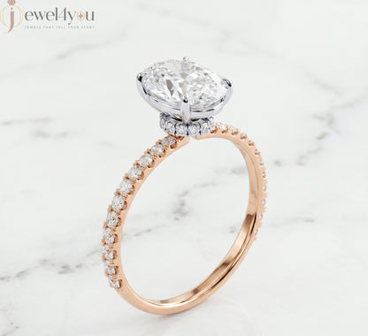 OVAL-CUT LAB-GROWN DIAMOND RING WITH ROUND-ACCENT BAND IN ROSE GOLD 
