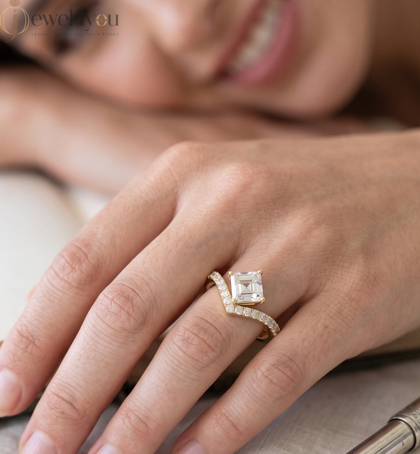 Lab-grown diamond ring with asscher-cut center, V-shaped chevron design, VVS to VS+ clarity, D–F color, Yellow Gold  #YELLOW GOLD