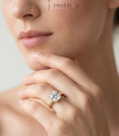 Yellow gold cushion diamond solitaire ring with white gold cathedral basket setting #YELLOW GOLD