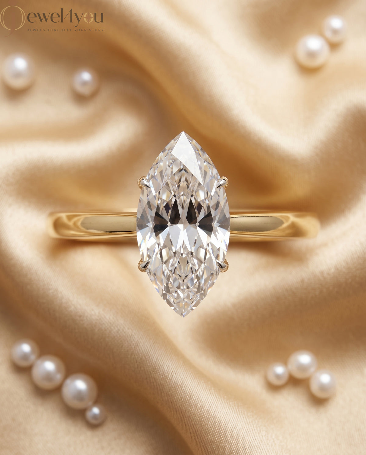 Marquise diamond cathedral solitaire engagement ring in yellow gold with white prongs #YELLOW GOLD