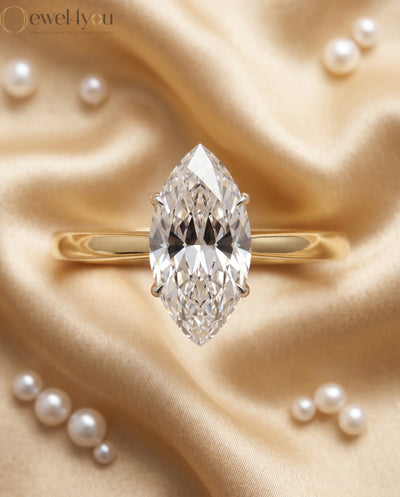 Marquise diamond cathedral solitaire engagement ring in yellow gold with white prongs #YELLOW GOLD