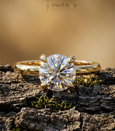 Yellow gold round solitaire ring with four prongs and hidden pave basket #YELLOW GOLD