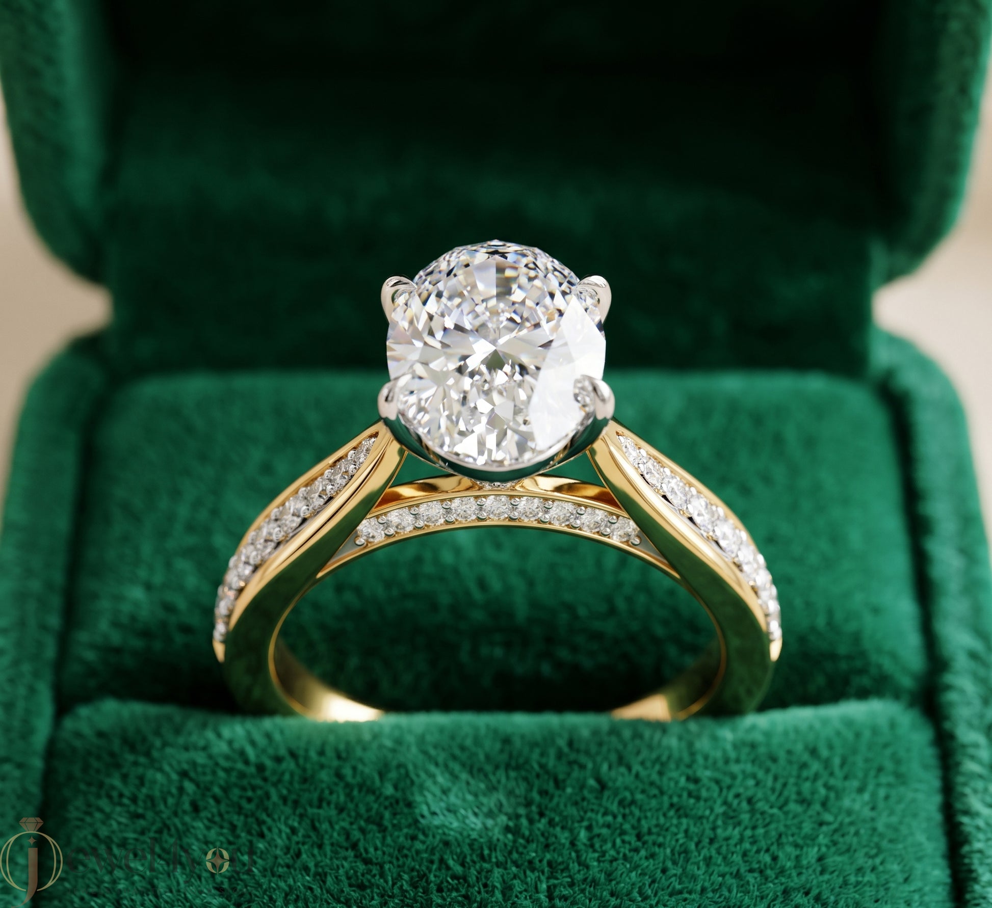 OVAL -CUT SOLITAIRE LAB-GROWN DIAMOND RING IN YELLOW GOLD WITH CATHEDRAL SETTING 
