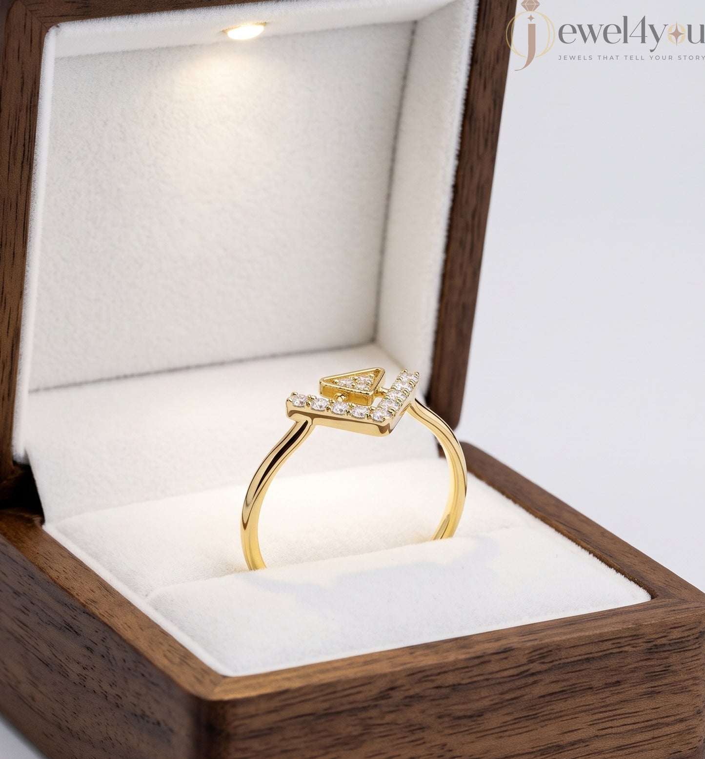 Lab-grown diamond ring with split-style chevron band and floating triangle design, round diamonds, VVS to VS+ clarity, D–F color, Yellow Gold #YELLOW GOLD