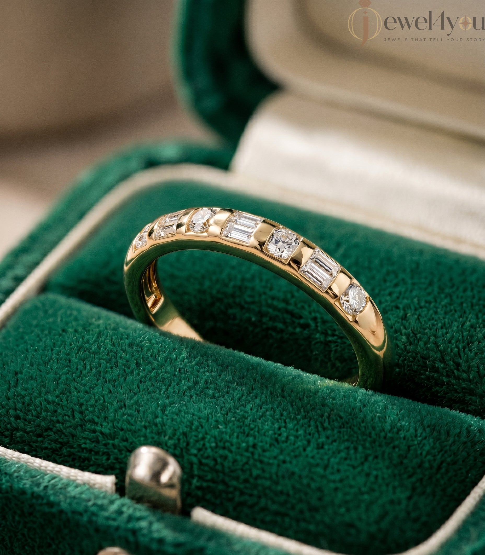 Yellow gold lab-grown diamond band with modern half eternity bar setting and alternating baguette and round D–F color VVS to VS+ clarity diamonds #YELLOW GOLD