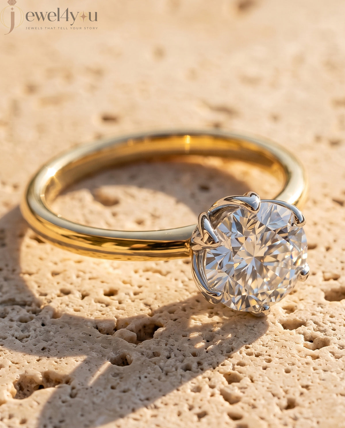 YELLOW GOLD SOLITAIRE RING WITH ROUND LAB-GROWN DIAMOND IN SIX-PRONG FLORAL CATHEDRAL SETTING 