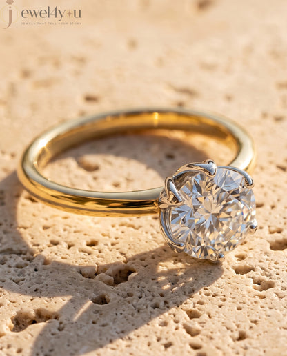 YELLOW GOLD SOLITAIRE RING WITH ROUND LAB-GROWN DIAMOND IN SIX-PRONG FLORAL CATHEDRAL SETTING 