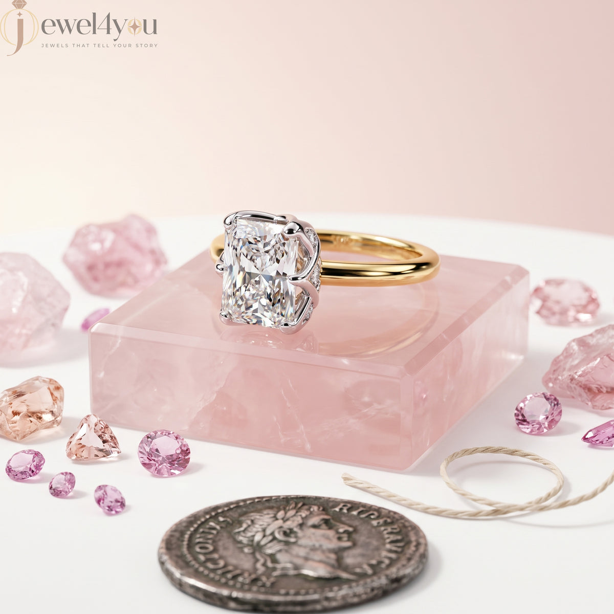 Yellow Gold band with White Gold X-gallery radiant-cut lab-grown diamond ring featuring hidden round side diamonds #YELLOW GOLD