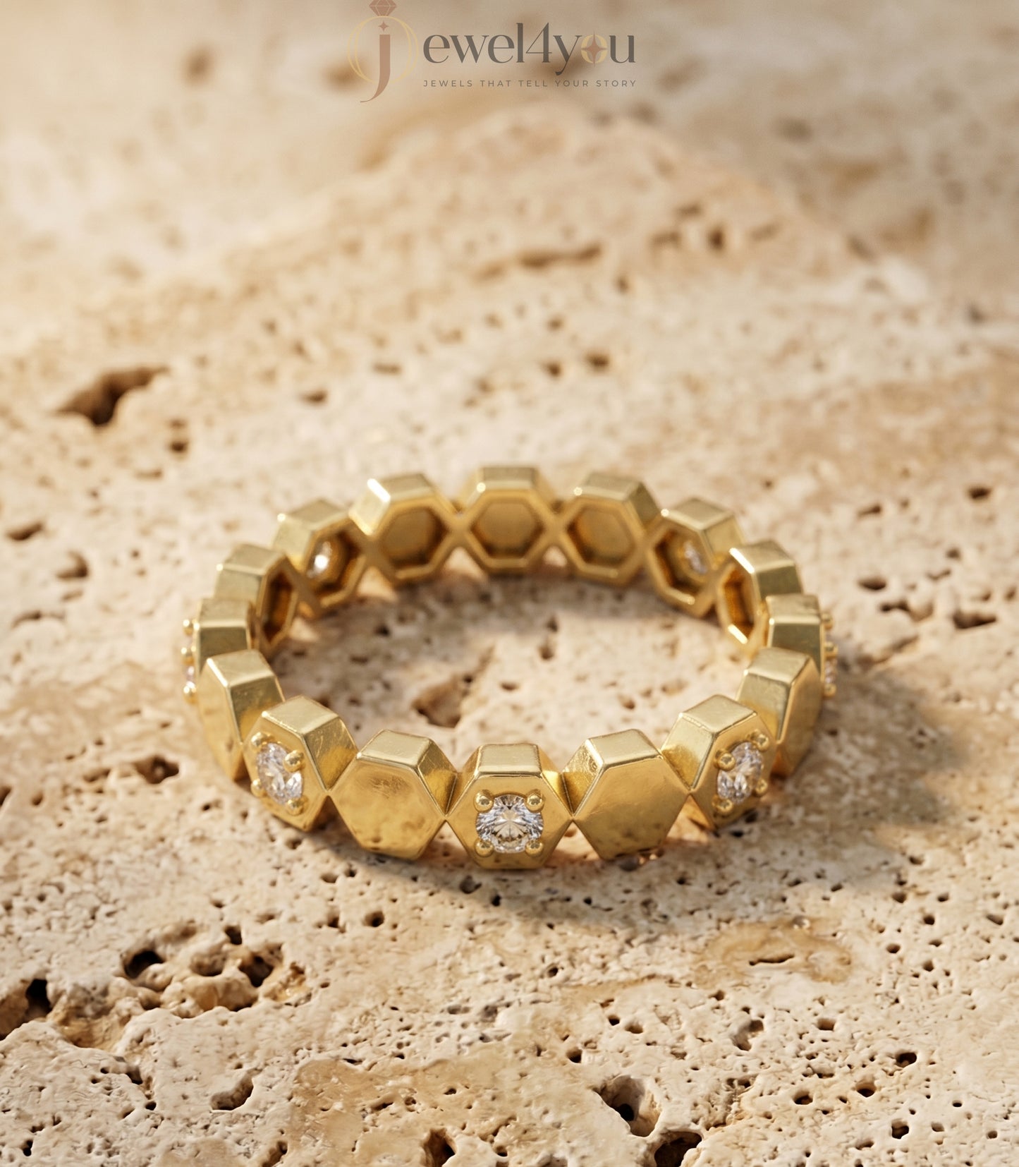Yellow gold honeycomb lab-grown diamond ring with round prong-set D–F color VVS to VS+ clarity diamonds arranged in eternity design #YELLOW GOLD