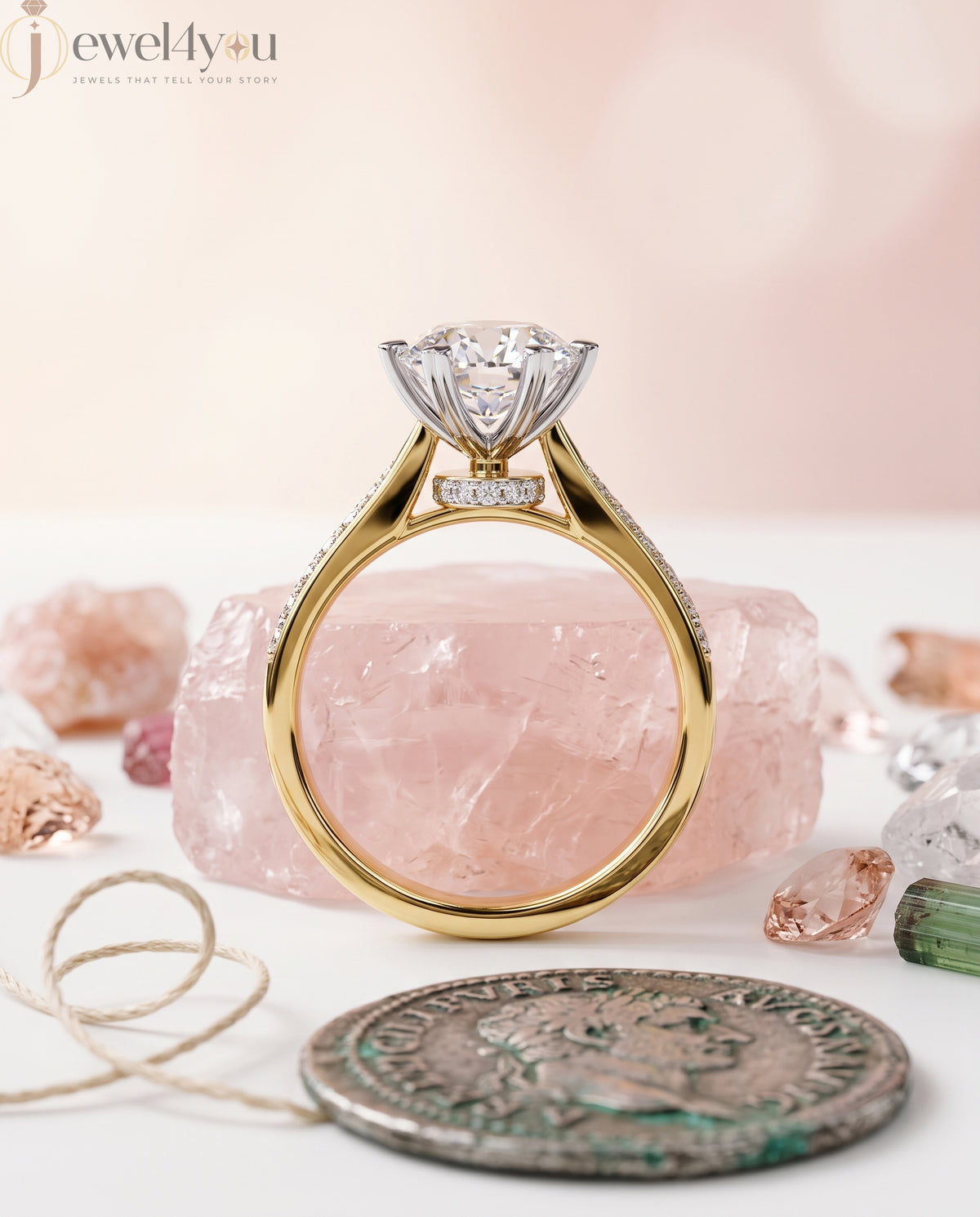 Yellow-gold pave shoulder engagement ring with round solitaire and hidden bridge diamonds #YELLOW GOLD