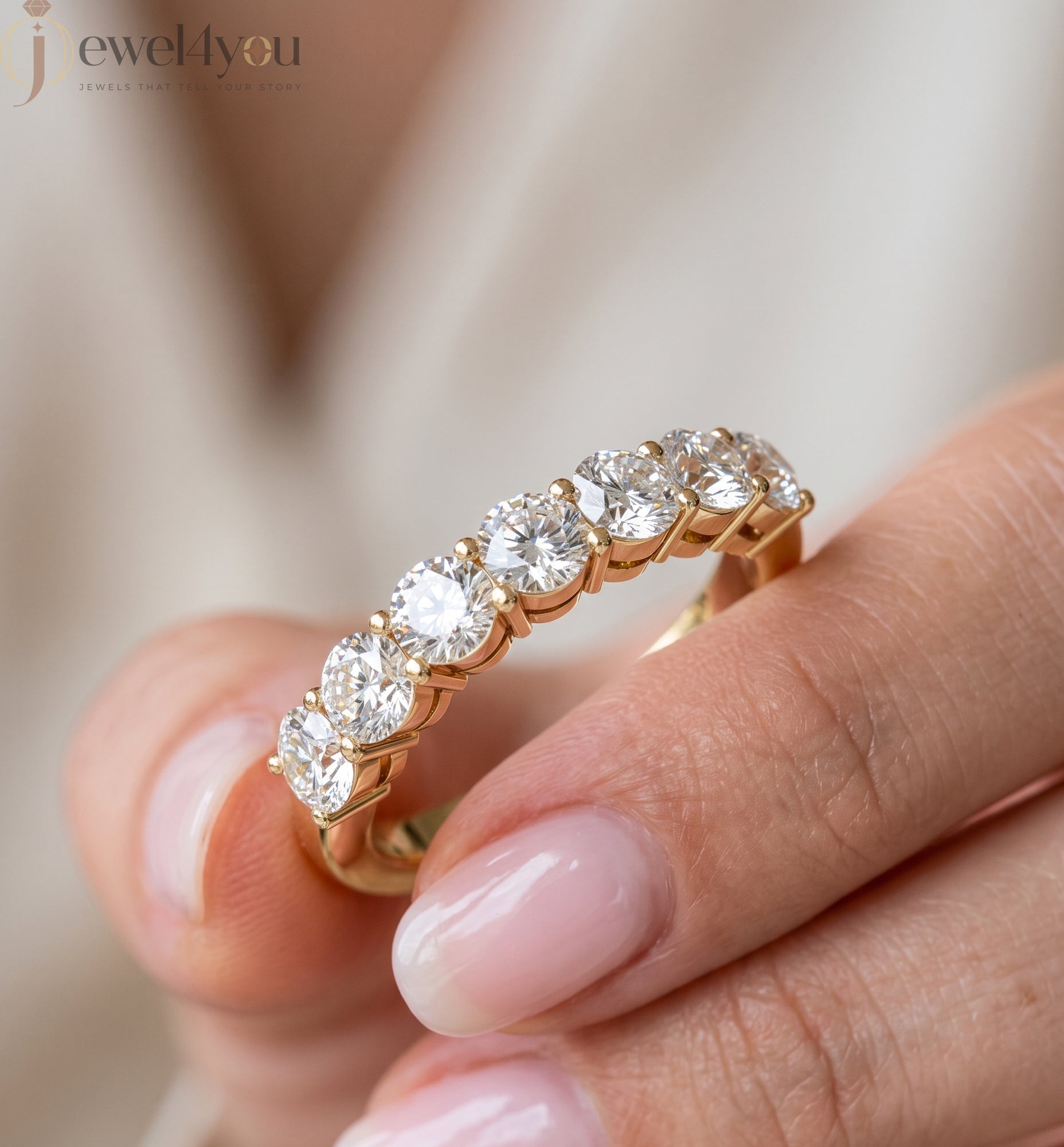 Yellow Gold half‑eternity lab-grown diamond ring with round prong-set design, VVS  clarity D–F color diamonds #YELLOW GOLD