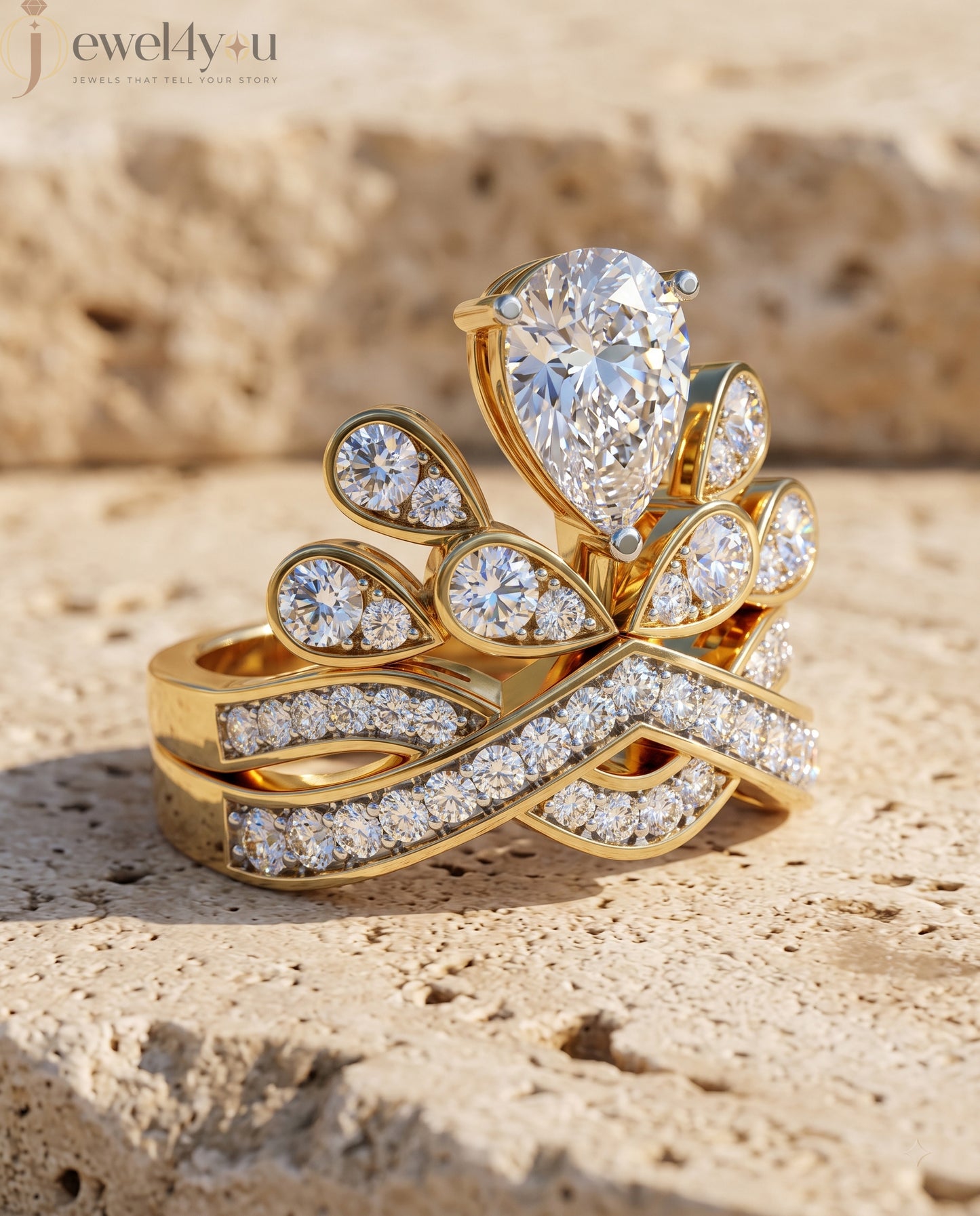 PEAR AND ROUND DIAMOND YELLOW GOLD RING ##YELLOW GOLD