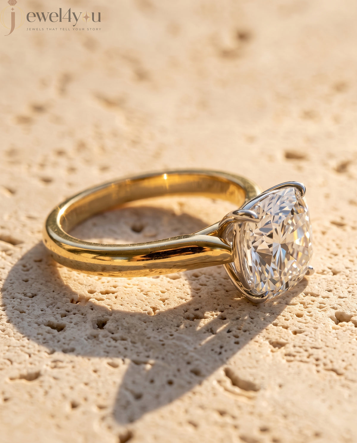 Yellow band cathedral solitaire ring with white basket head #YELLOW GOLD