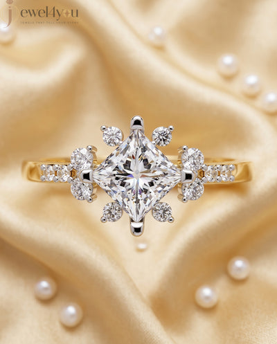 PRINCESS CUT LAB DIAMOND ENGAGEMENT RING WITH VINTAGE CLUSTER SETTING AND ACCENT DIAMONDS IN YELLOW GOLD 