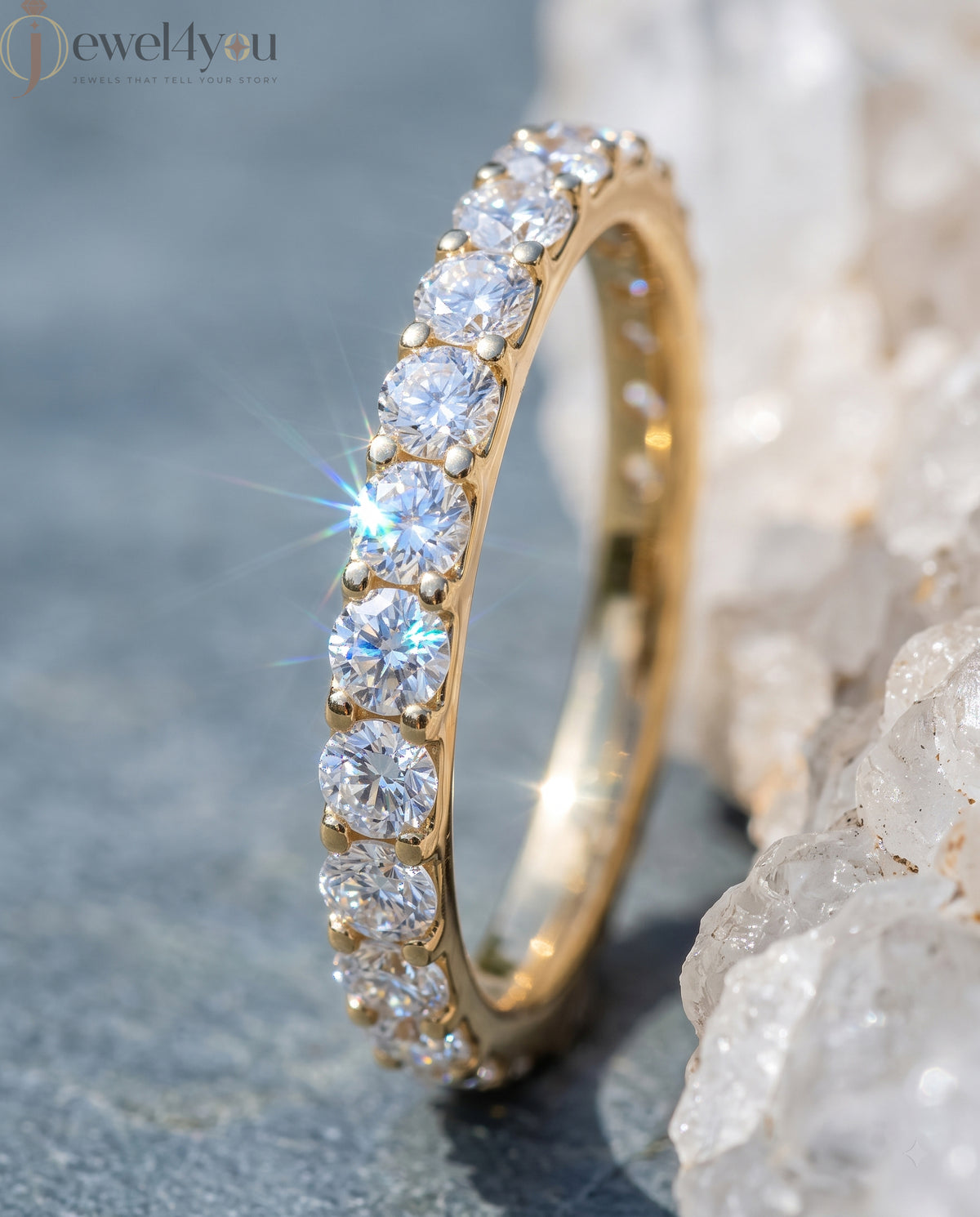 Yellow gold lab-grown diamond ring featuring half eternity prong-set D–F color, VVS clarity diamonds #YELLOW GOLD