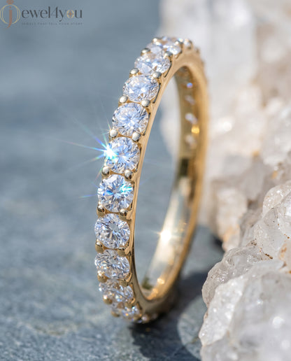 Yellow gold lab-grown diamond ring featuring half eternity prong-set D–F color, VVS clarity diamonds #YELLOW GOLD