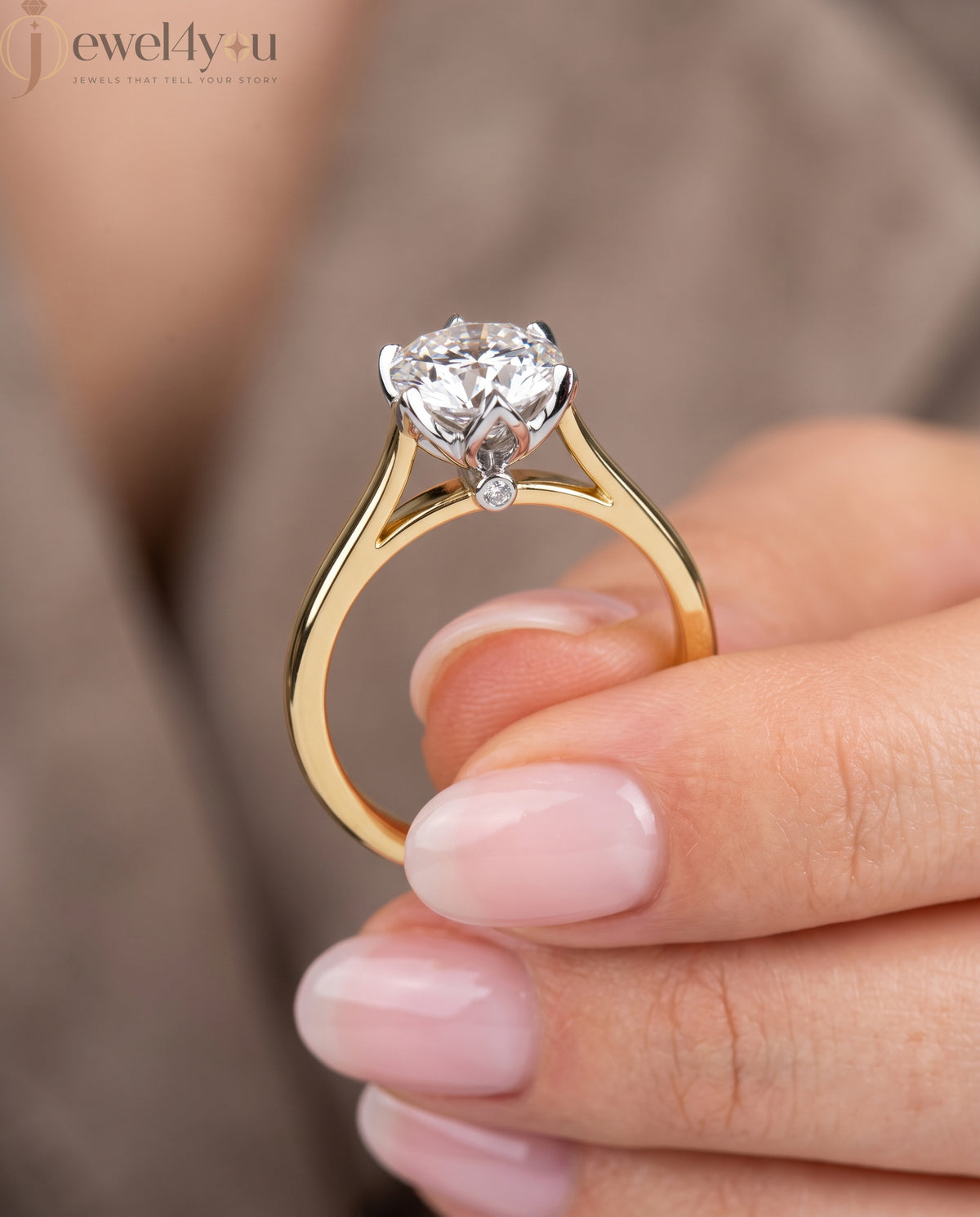 Round solitaire engagement ring with 6-prong white head and yellow-tone polished band #YELLOW GOLD