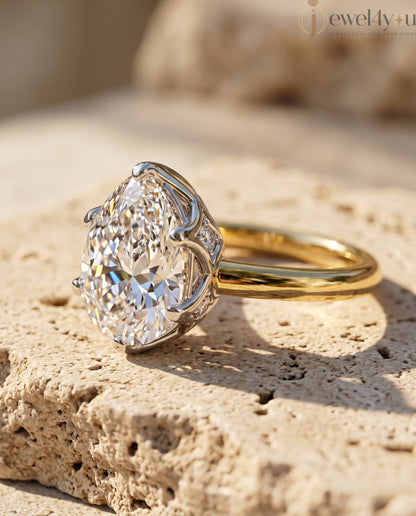 Yellow Gold solitaire lab-grown diamond ring with pear center and white gold lotus crown gallery #YELLOW GOLD