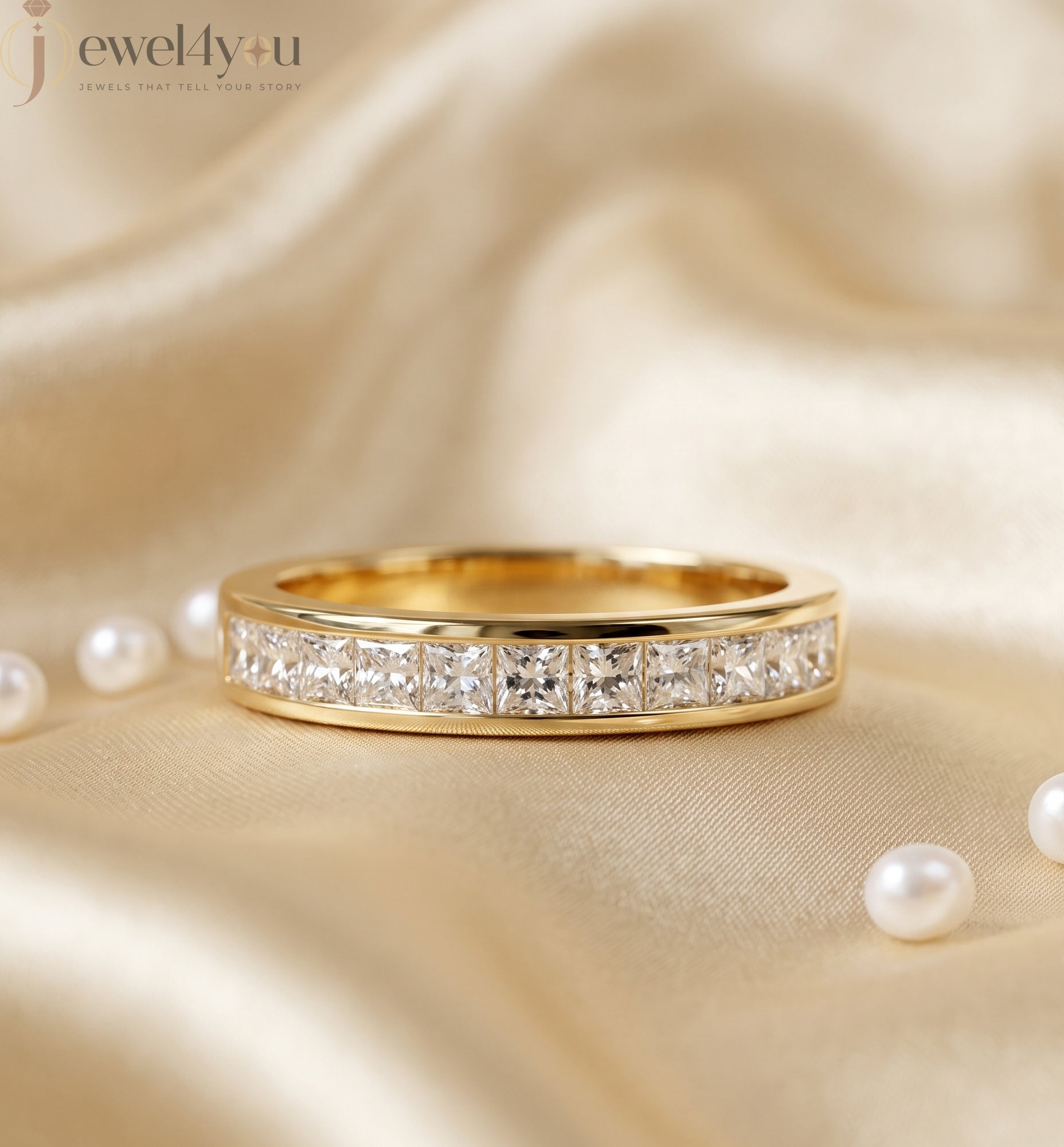 Yellow gold princess-cut lab-grown diamond half eternity band ring with sleek channel-style inset-flush setting and D–F color VVS to VS+ clarity diamonds #YELLOW GOLD