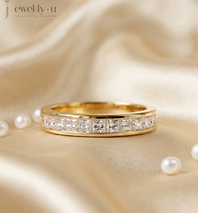 Yellow gold princess-cut lab-grown diamond half eternity band ring with sleek channel-style inset-flush setting and D–F color VVS to VS+ clarity diamonds #YELLOW GOLD