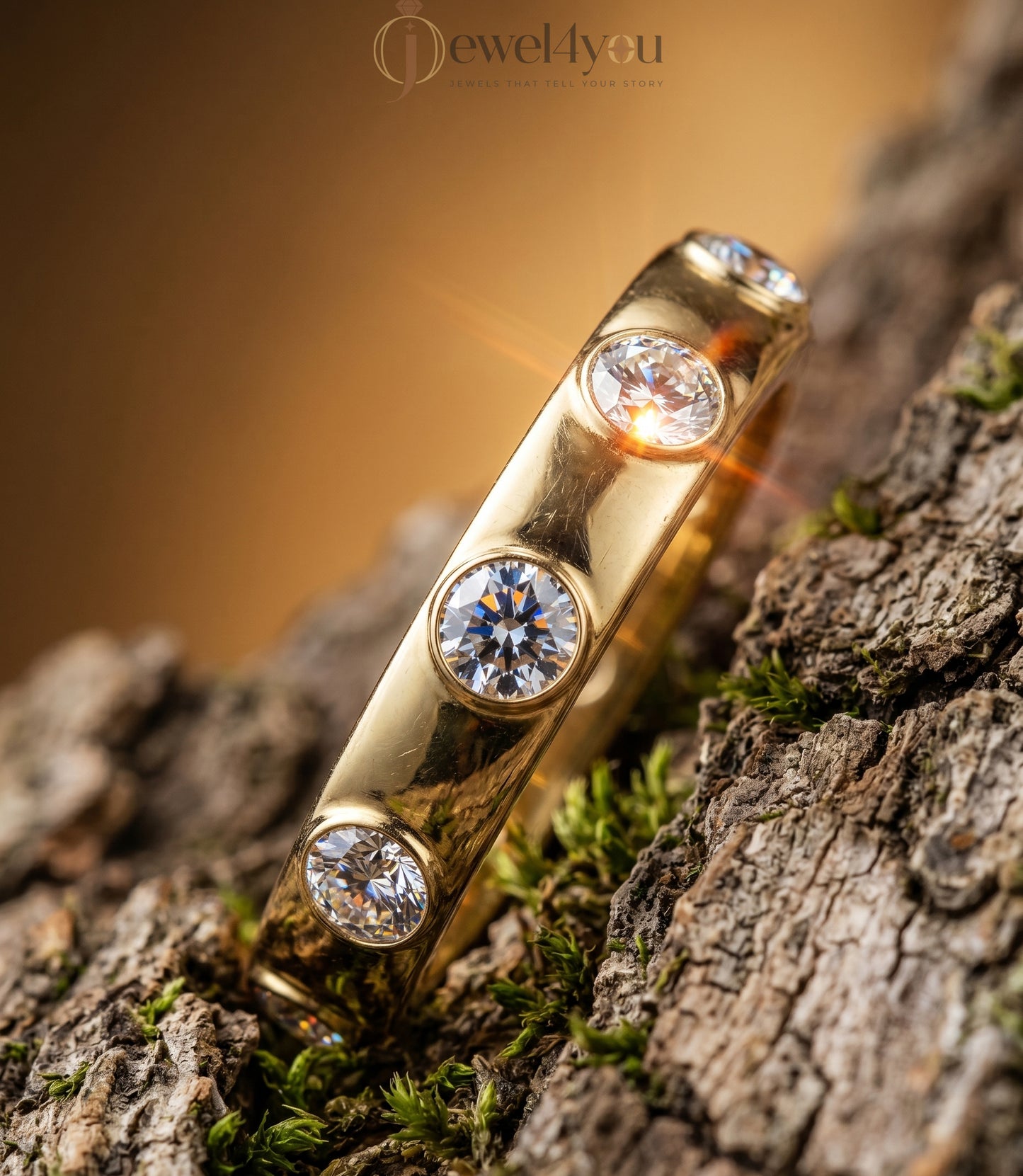 Yellow gold bezel lab-grown diamond ring band showcasing evenly spaced round D–F color VVS to VS+ clarity diamonds #YELLOW GOLD