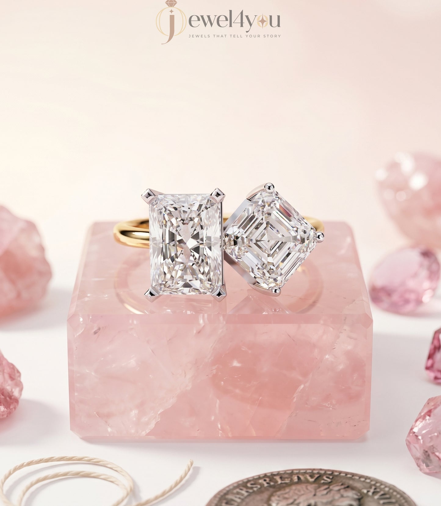 DUAL LAB-GROWN DIAMOND RING WITH RADIANT AND EMERALD CUTS IN YELLOW GOLD BAR SETTING ##YELLOW GOLD