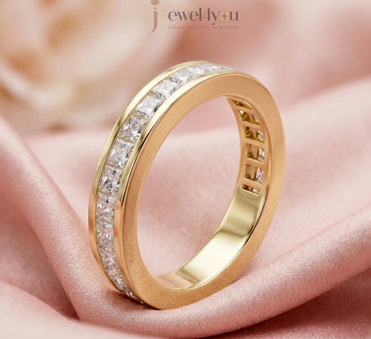 Yellow gold princess channel half eternity lab-grown diamond ring, D–F color VVS to VS+ clarity diamonds in sleek solid gold band #YELLOW GOLD