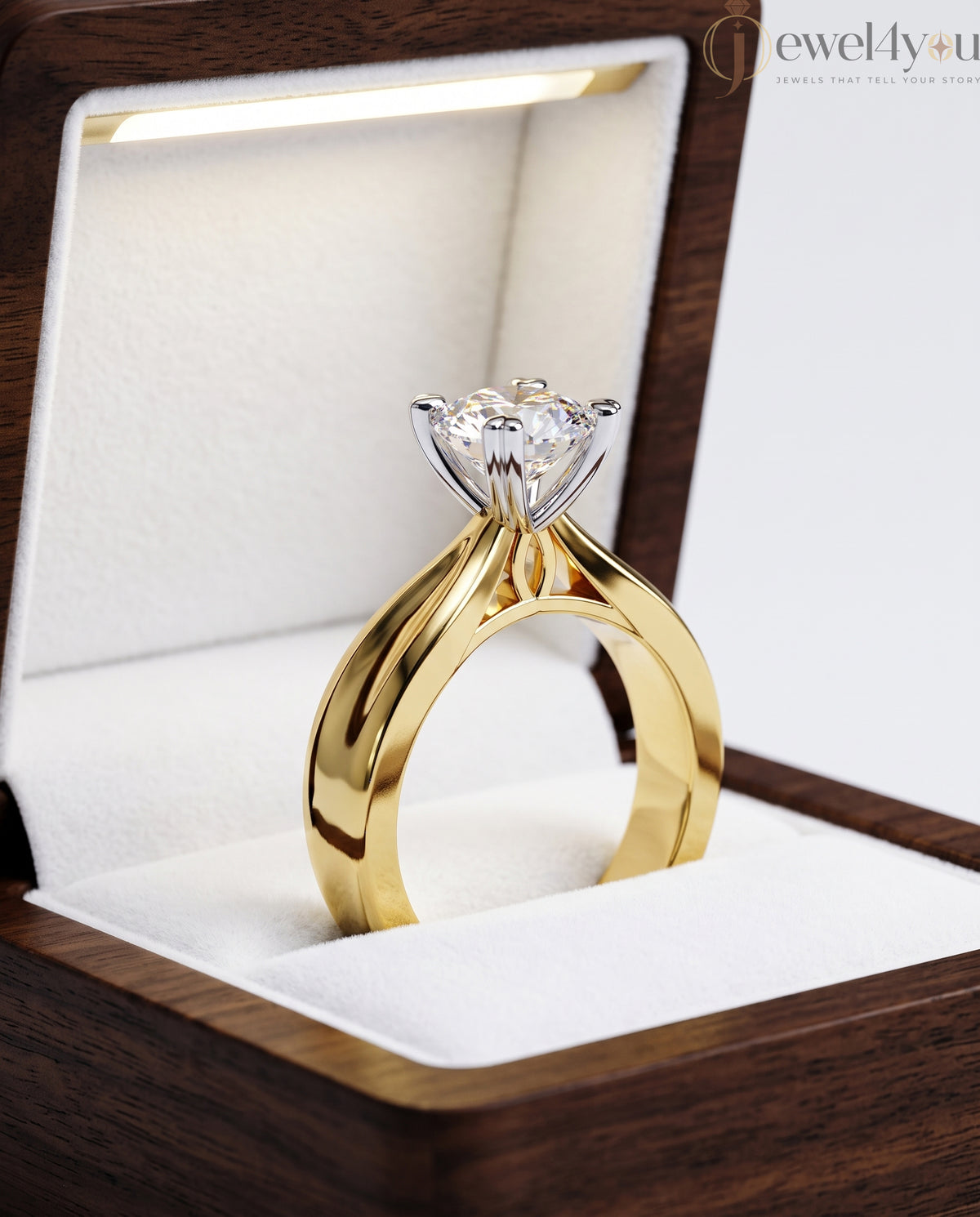 Yellow Gold engagement lab-grown ring with round solitaire and White Gold heart-prong setting, VVS clarity D–F color diamond #YELLOW GOLD