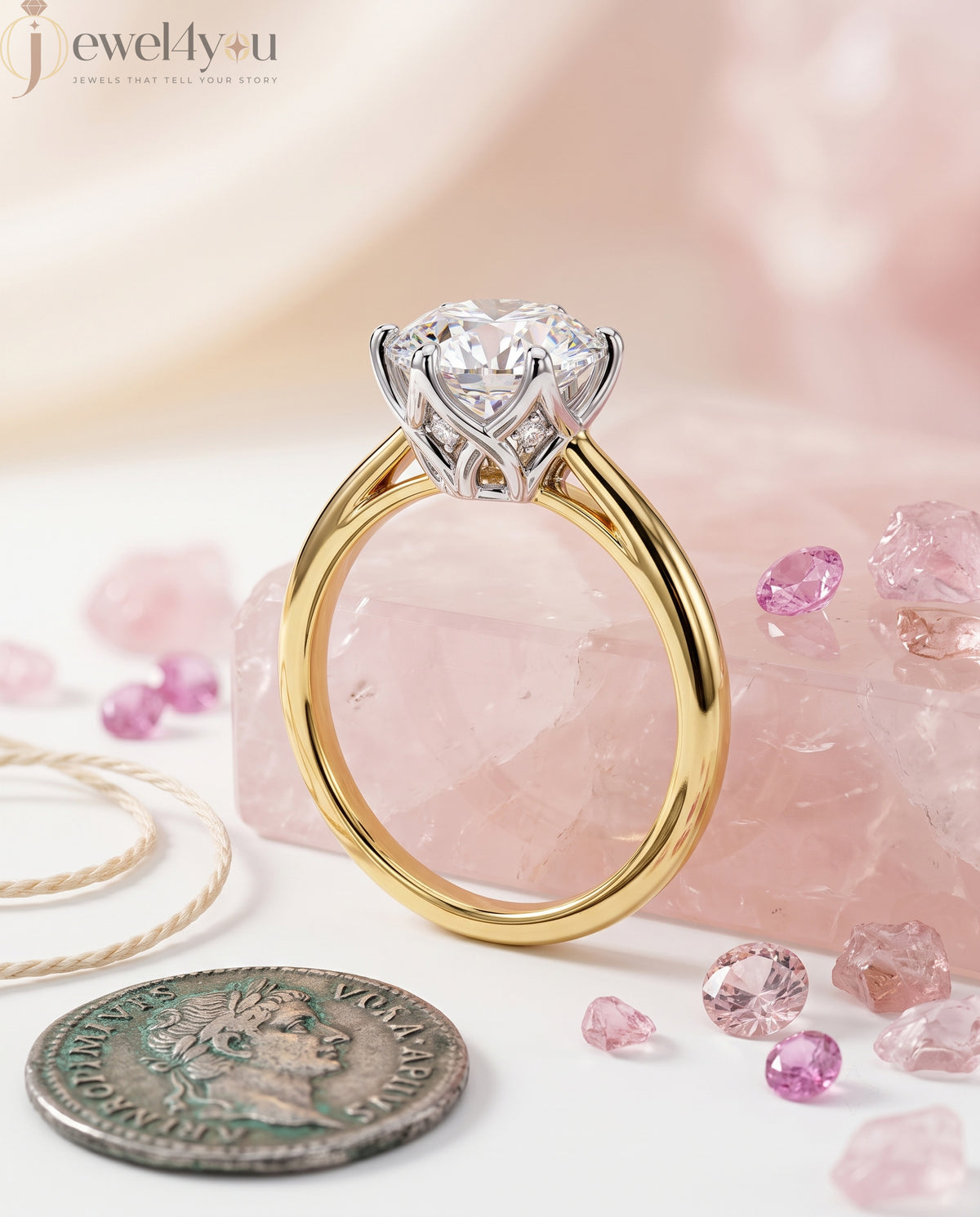 Yellow Gold band with white gold lotus crown holding a round lab-grown diamond solitaire and side gallery diamonds #YELLOW GOLD