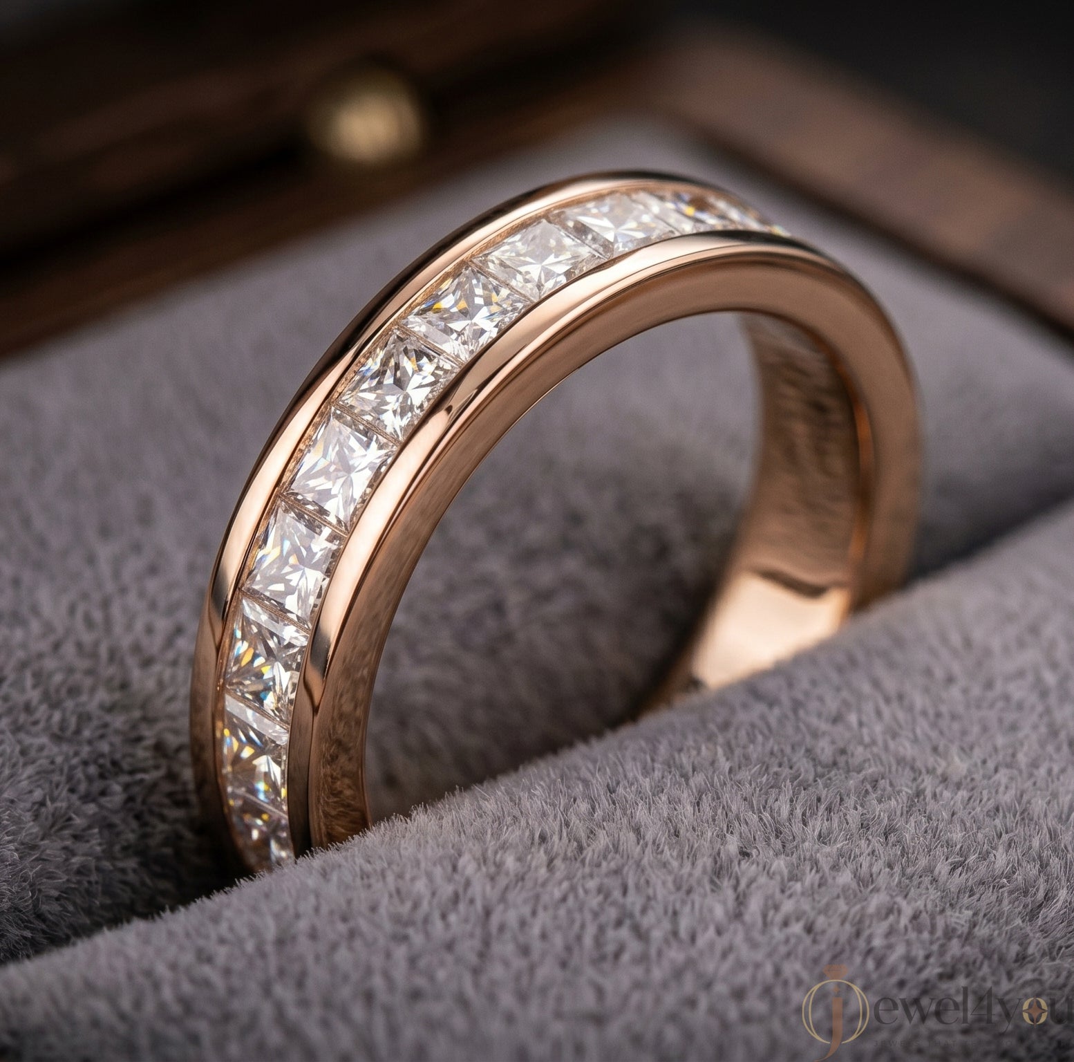 Princess-cut lab-grown diamond ring with inset-flush band design, D–F color VVS to VS+ diamonds in polished rose gold #ROSE GOLD