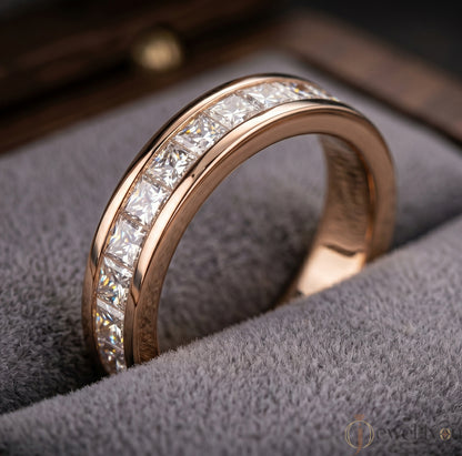 Princess-cut lab-grown diamond ring with inset-flush band design, D–F color VVS to VS+ diamonds in polished rose gold #ROSE GOLD