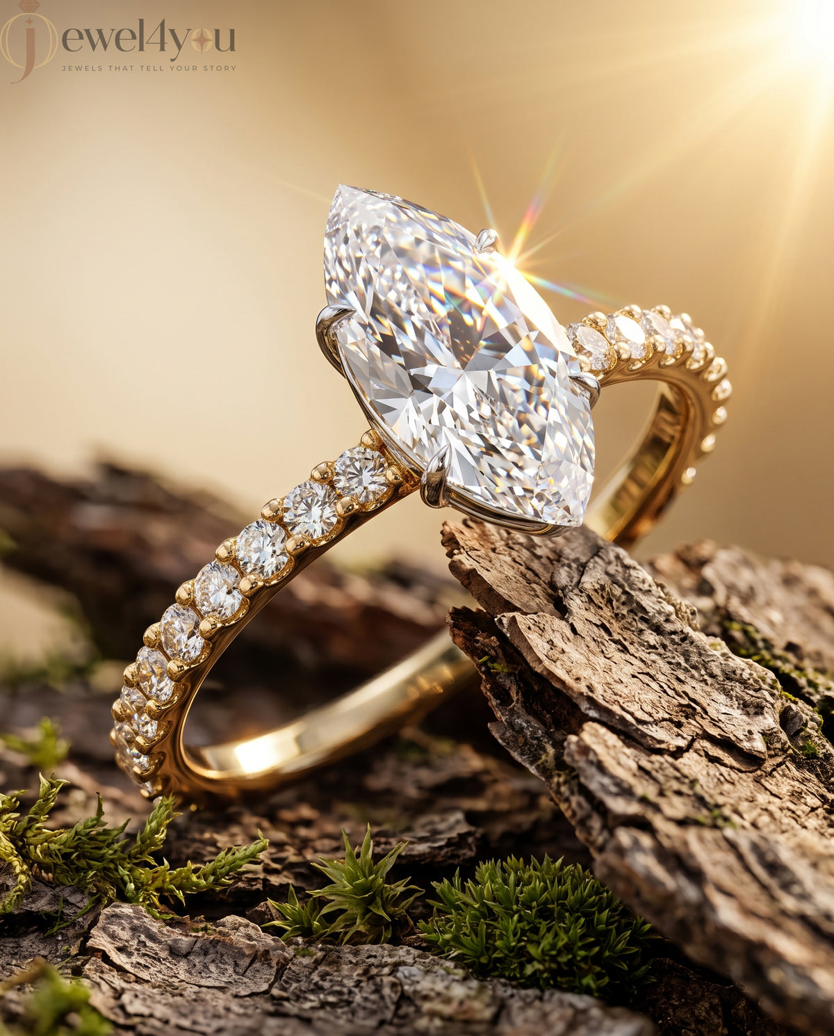 MARQUISE-CUT LAB-GROWN DIAMOND RING WITH ROUND-ACCENT BAND IN YELLOW GOLD ##YELLOW GOLD