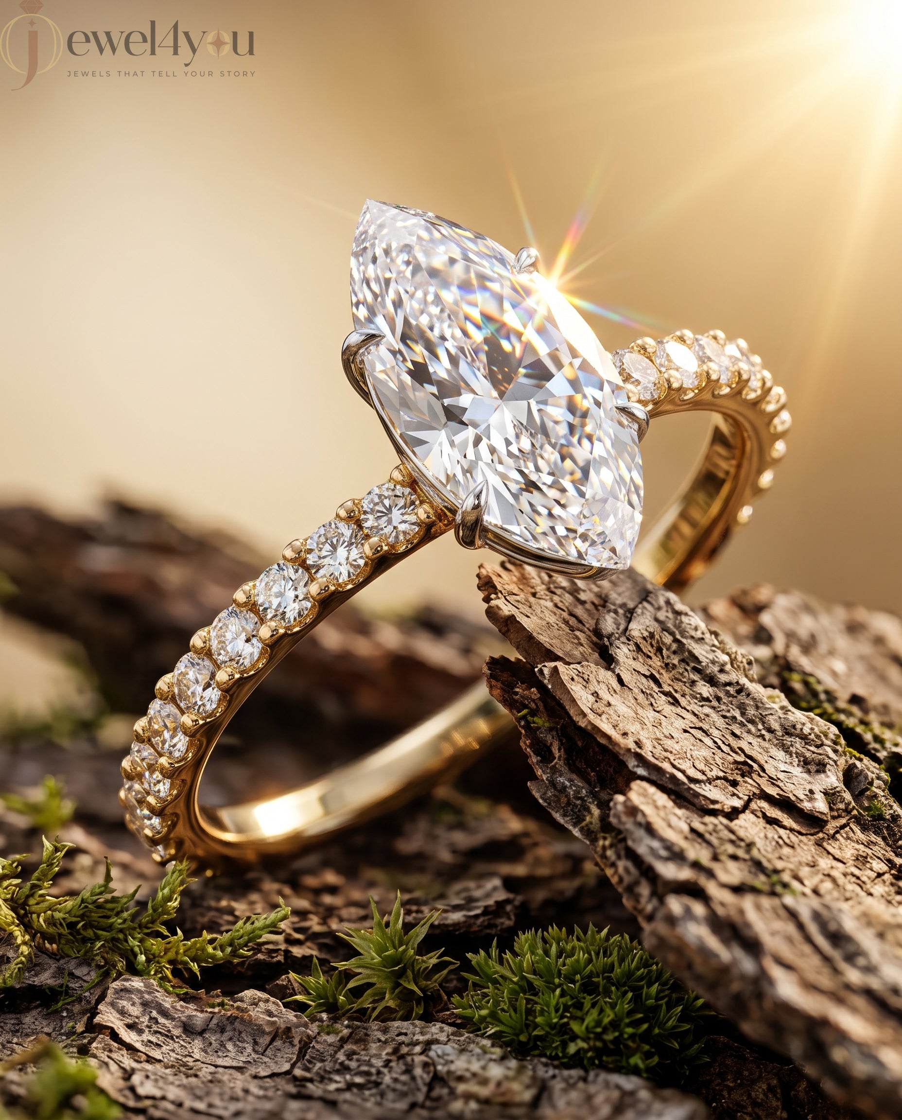 MARQUISE-CUT LAB-GROWN DIAMOND RING WITH ROUND-ACCENT BAND IN YELLOW GOLD 