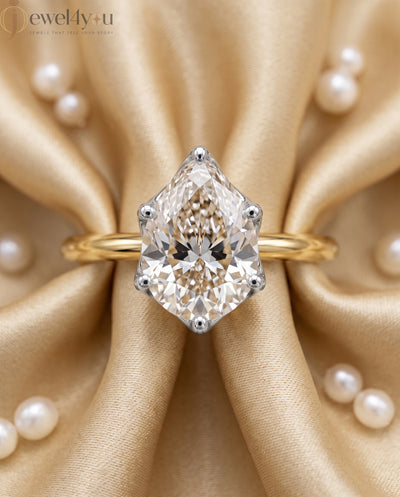 Yellow Gold solitaire lab-grown diamond ring with pear center and white gold lotus crown gallery #YELLOW GOLD
