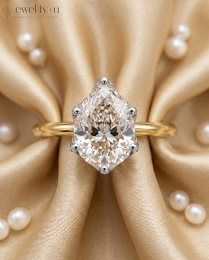 Yellow Gold solitaire lab-grown diamond ring with pear center and white gold lotus crown gallery #YELLOW GOLD
