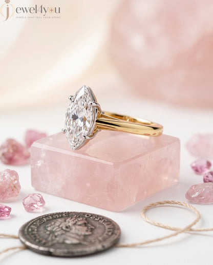 Marquise diamond cathedral solitaire engagement ring in yellow gold with white prongs #YELLOW GOLD
