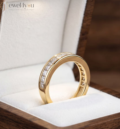 Yellow gold princess-cut lab-grown diamond half eternity band ring with sleek channel-style inset-flush setting and D–F color VVS to VS+ clarity diamonds #YELLOW GOLD