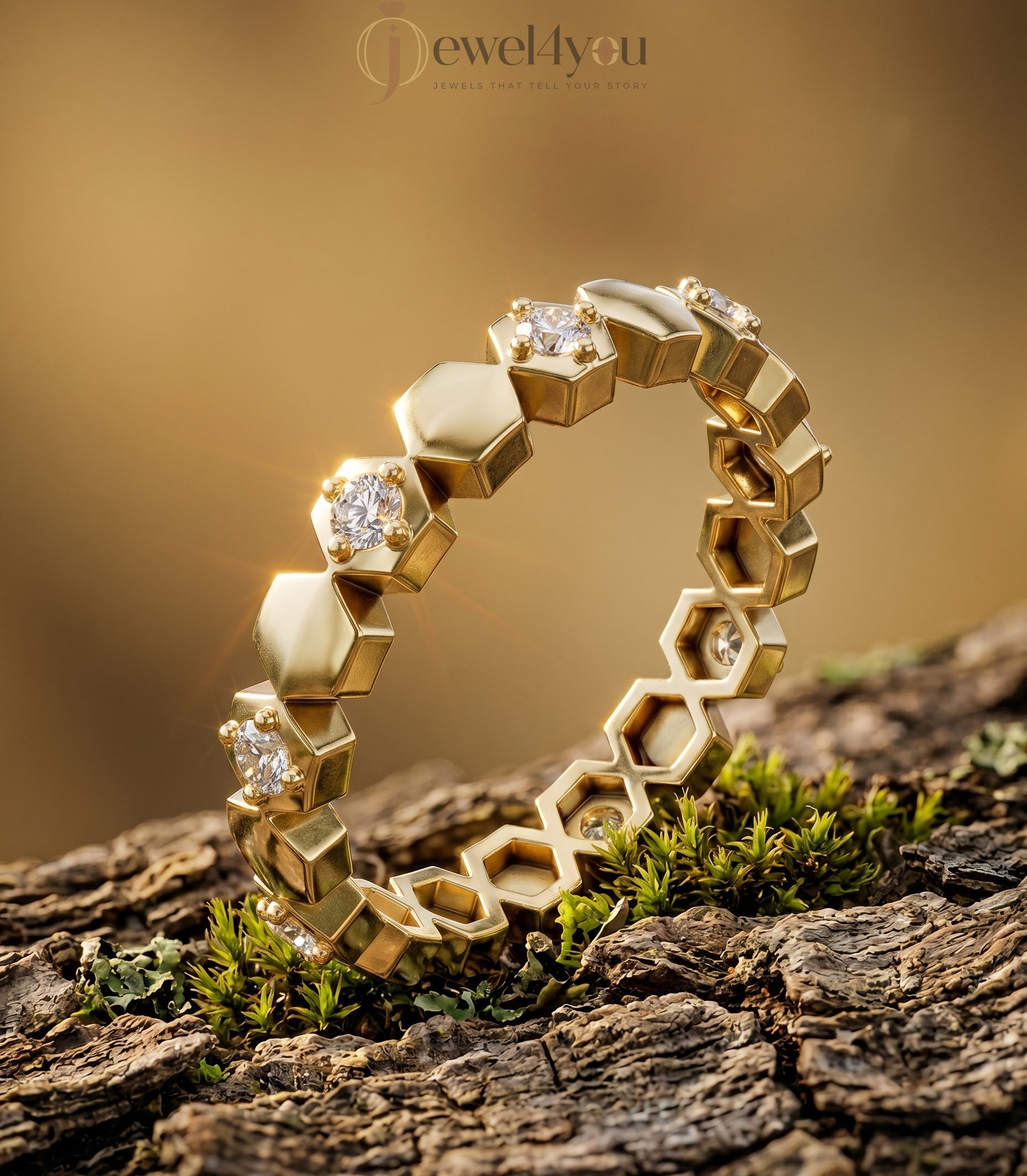 Yellow gold honeycomb lab-grown diamond ring with round prong-set D–F color VVS to VS+ clarity diamonds arranged in eternity design #YELLOW GOLD