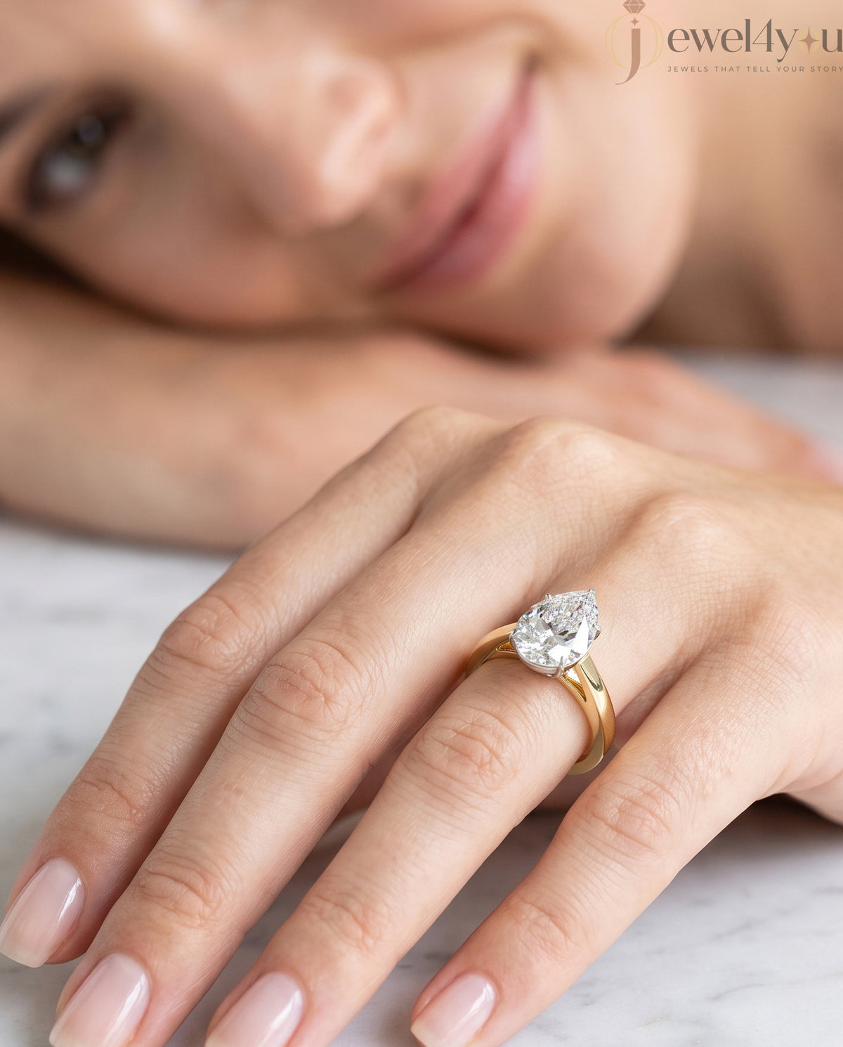 Yellow gold pear-cut solitaire engagement ring with white prong head #YELLOW GOLD