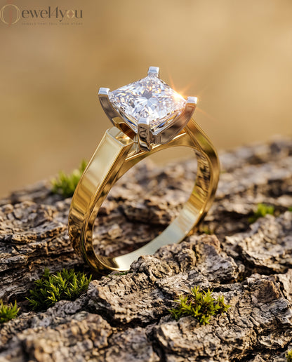 Yellow gold princess-cut solitaire ring with quad corner prongs 