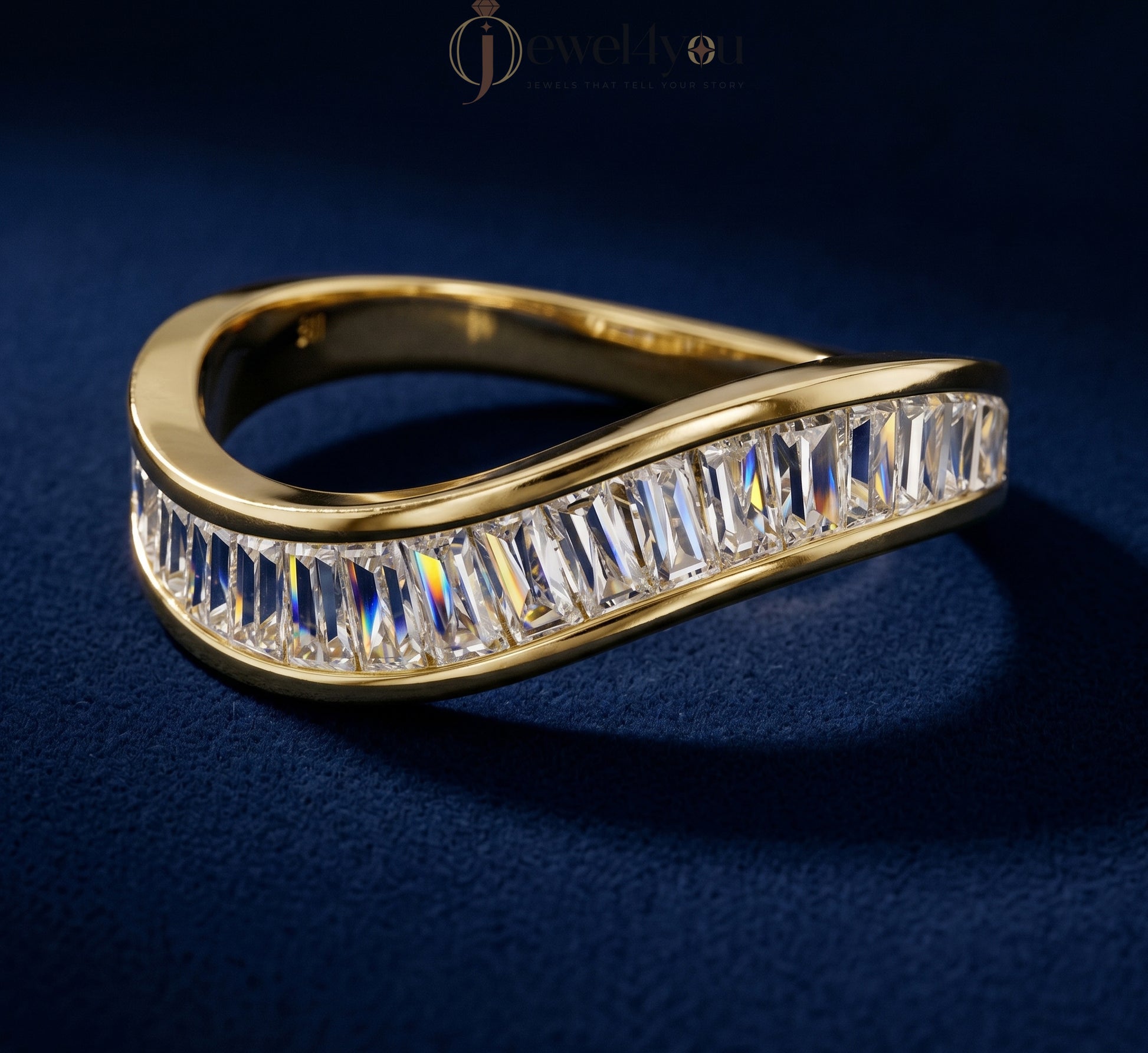 Yellow gold infinity wave lab-grown diamond band showcasing D–F VVS to VS+ baguette lab-grown diamonds in modern bypass design #YELLOW GOLD